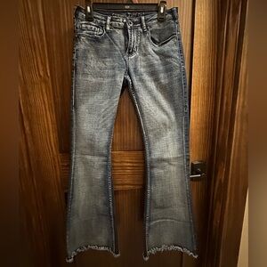 Cowgirl Tuff “Livin On The Edge Trouser” Stretch 2 Tone Flare Fray Jean